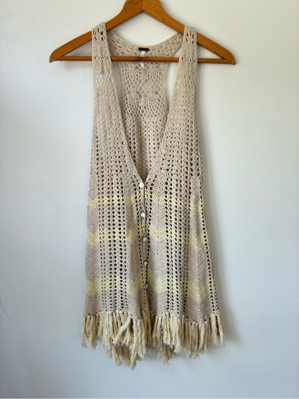 Free People Top Women’s Small   Crochet Knit Vest Boho Fringe Layer Silk Linen